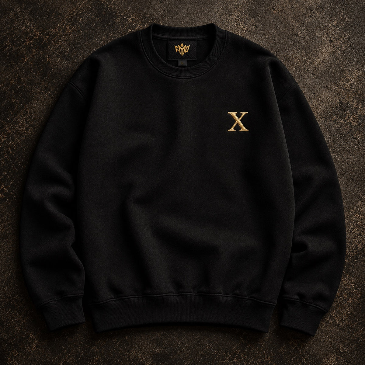 Black House of Drip anniversary crewneck front with gold X and anniversary neck label.