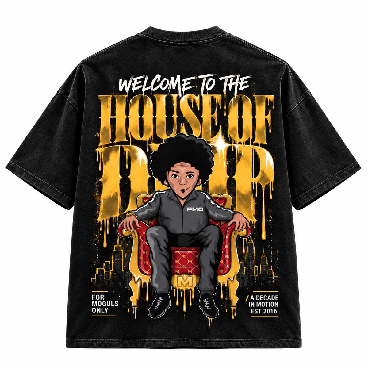 House of Drip black oversized T-shirt front with gold chest graphic