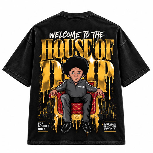 House of Drip black oversized T-shirt front with gold chest graphic